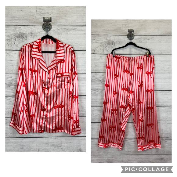 Shein Curve Plus Size Pink & Red Bow Satin Printed 2 Piece Pajama Set Size 5XL - Picture 1 of 12